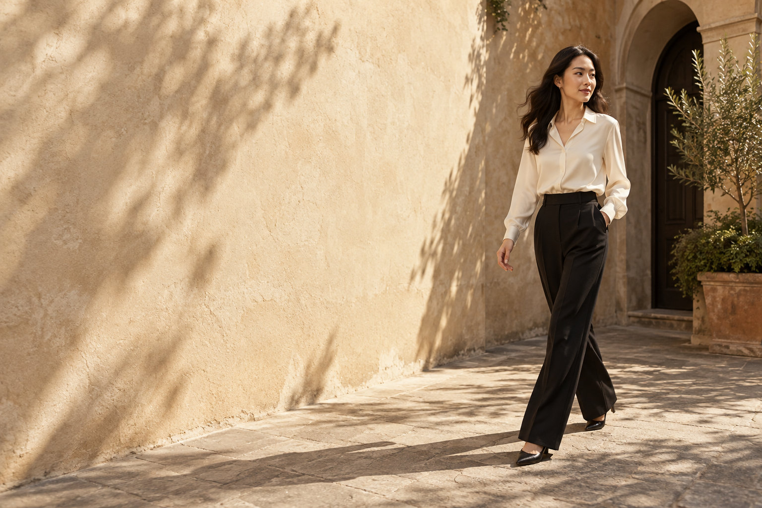 Ivory and black tailoring in a sunlit courtyard
